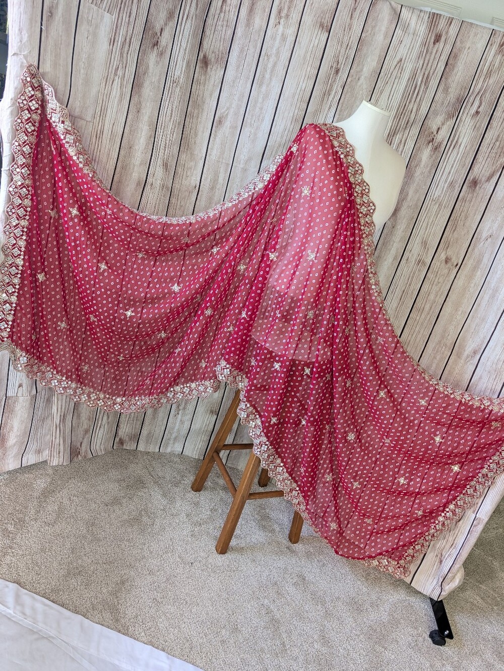 Bright Red Bandhani print dupatta scarf